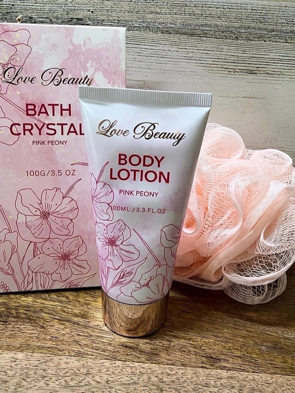 Love Beauty Pink Peony Bath Crystal and Body Lotion Gift Set Pink Floral